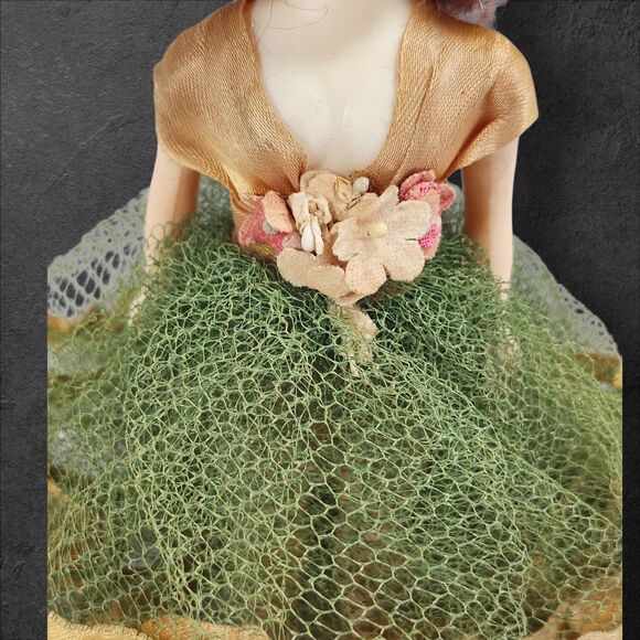 Vintage 1950s Hard Plastic Bridesmaid Doll 8” Sleepy Eyes Tulle Dress Green Gold - Picture 4 of 9
